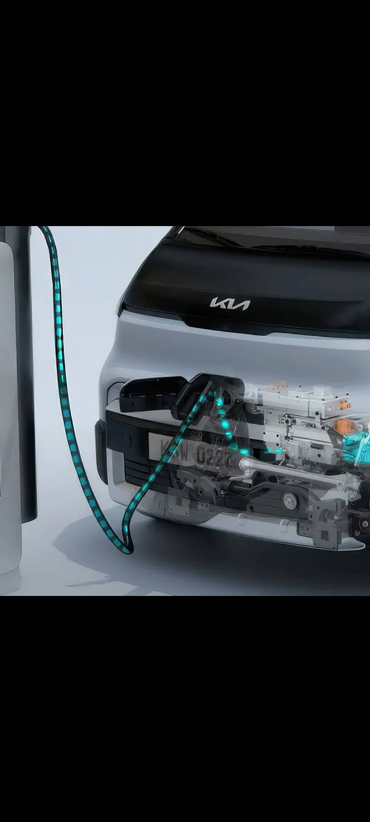 Nahaufnahme des Frontladeanschlusses mit animierter Stromfluss-Grafik.